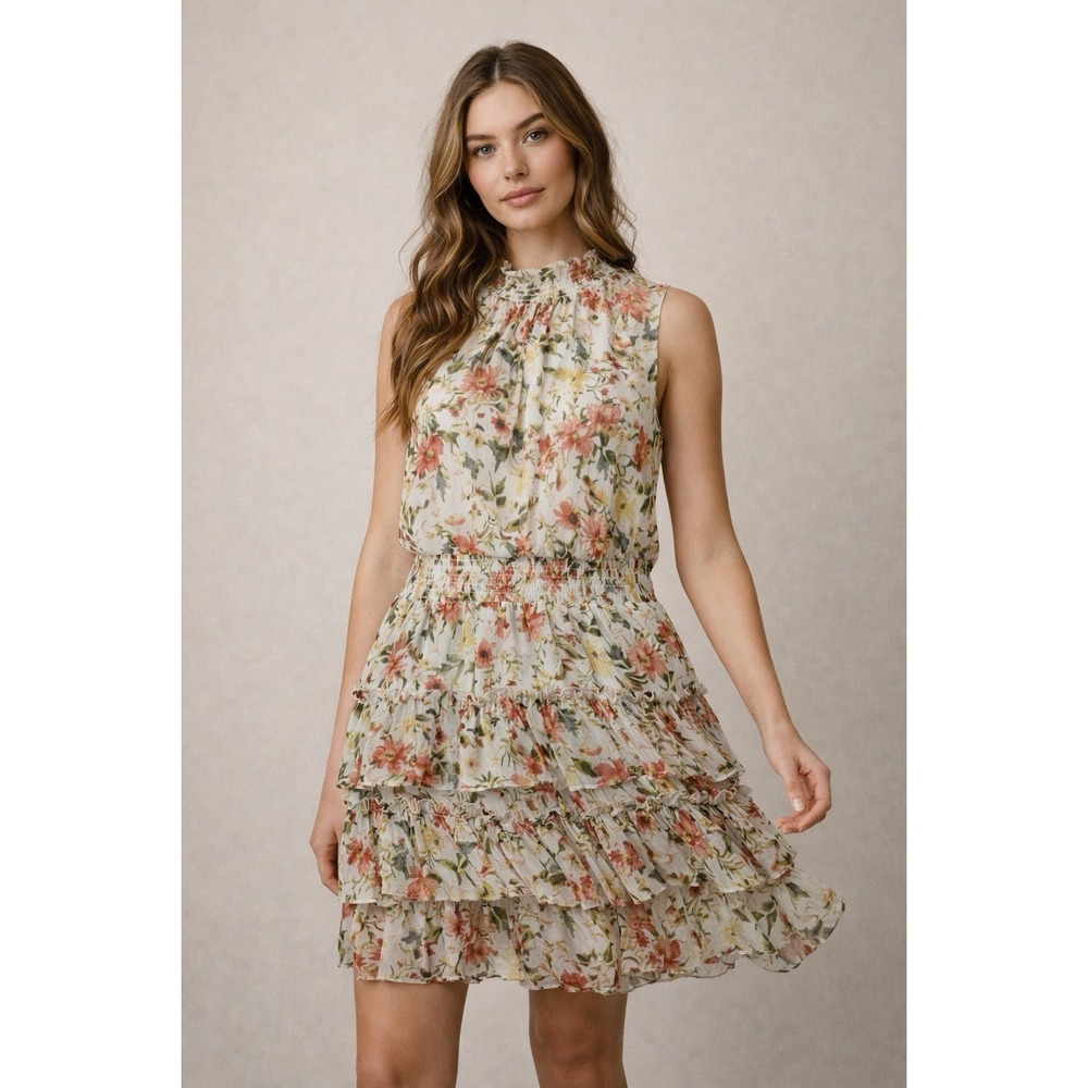 1.STATE Women's XL Cream Mock Neck Sleeveless Floral Pattern Mini Dress